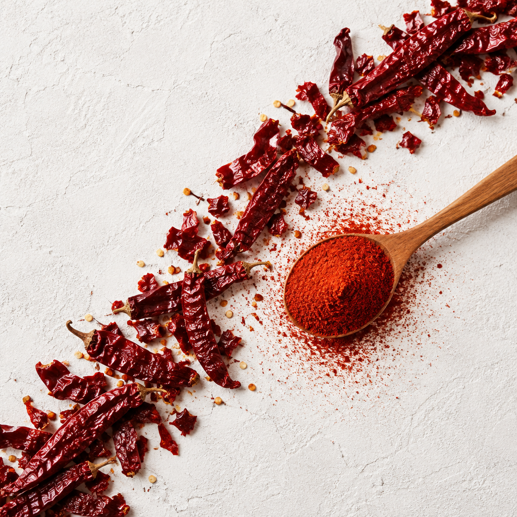Kashmiri red chilli powder flat lay