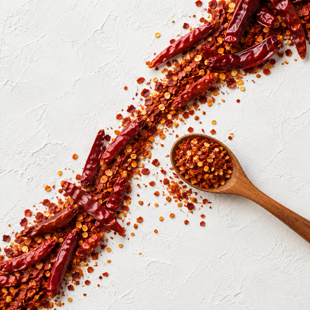 Red chilli flakes creative flat lay