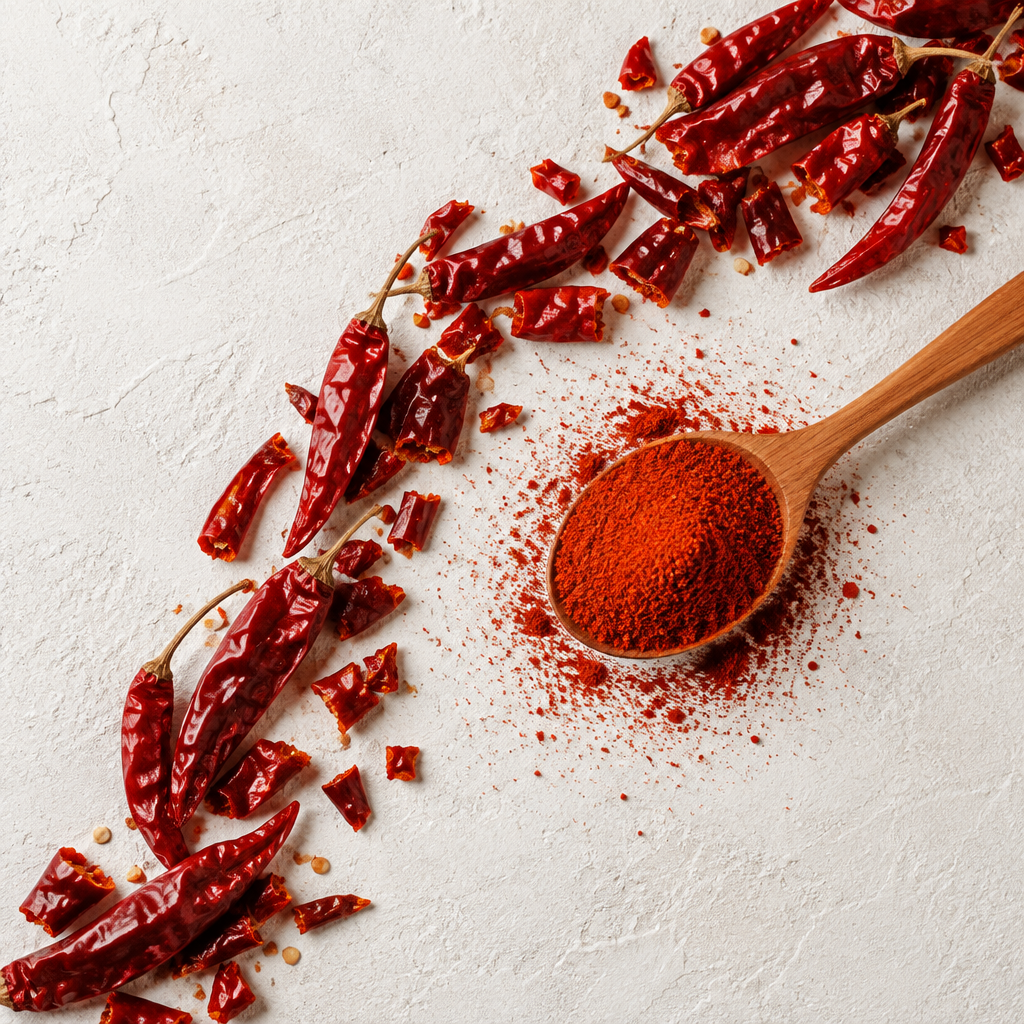 Tikhala Red Chilli Powder creative flat lay